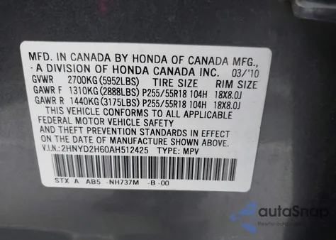 2010 Acura Mdx Technology Package z USA, uszkodzony, nr VIN 2HNYD2H60AH512425
